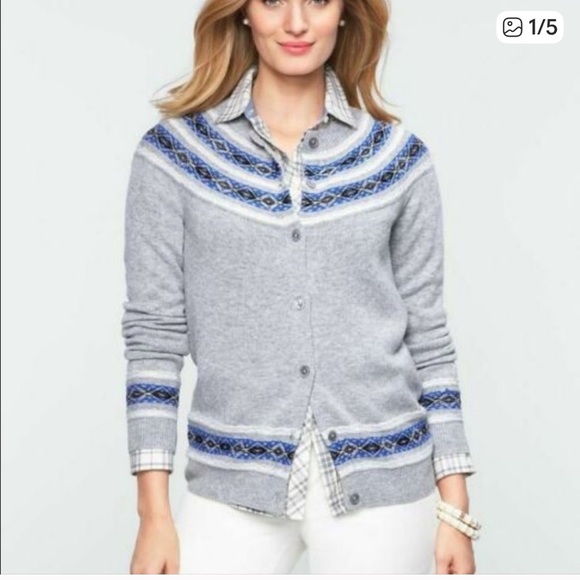 Talbots Sweaters - Talbots Lambswool blend Gray Blue and White Fair Isle Cardigan size medium